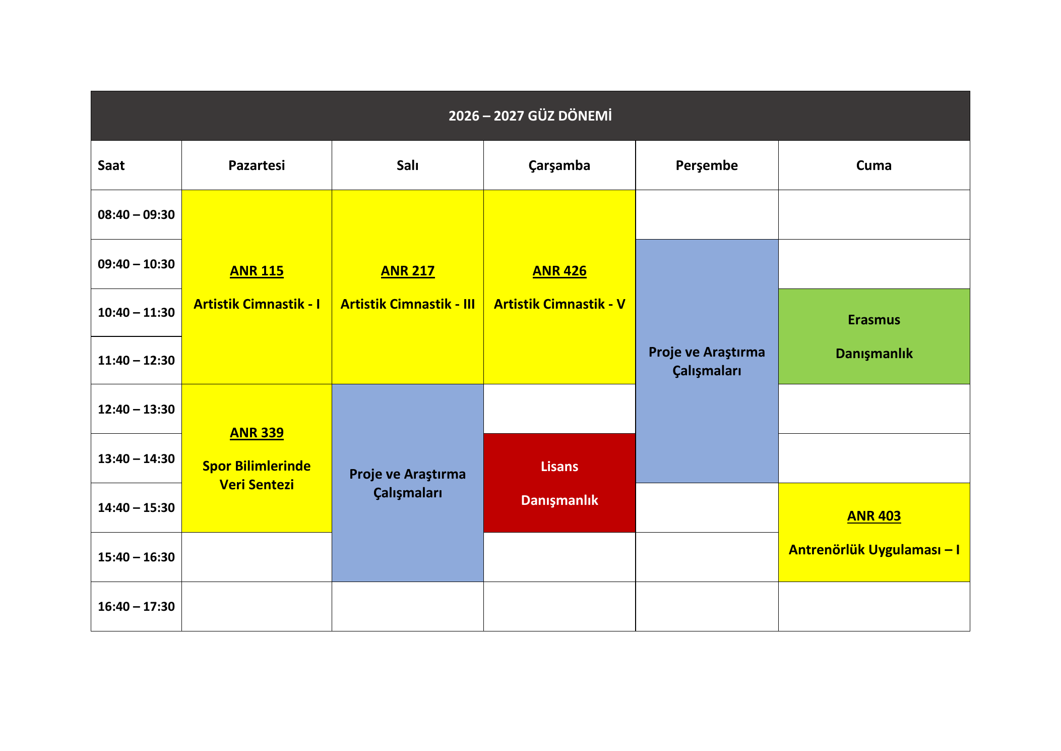 2026–2027 Güz Dönemi Haftalık Ders Programı