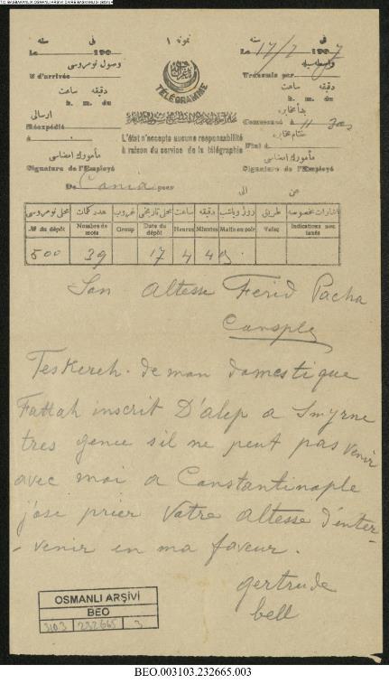 Belge 2: Gertrude Bell’in Yardımcısı Fettuh’u İstanbul’a Götürmek İçin Sadrazam Avlonyalı Ferid Paşa’ya Yazdığı Fransızca Telgraf (1907)