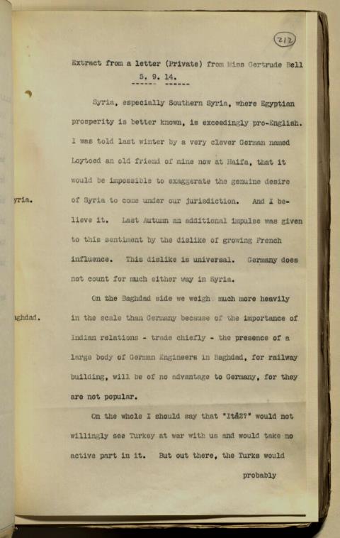 Belge 4: Gertrude Bell’in Wyndham Deedes’e Gönderdiği Mektuptan Yapılan Alıntının İlk Sayfası (1914)